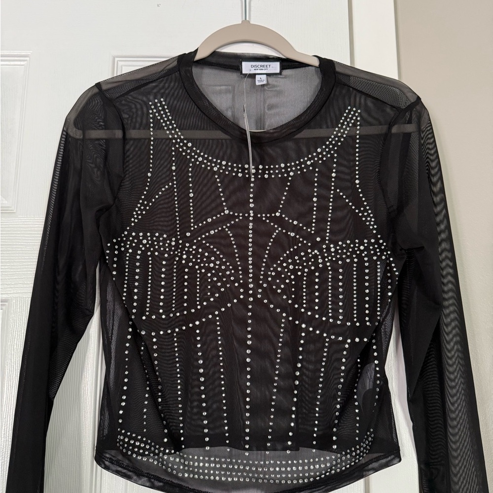 Discreet New York City NYC Black Mesh Sexy Body Bling Top Embellished Rhinestone